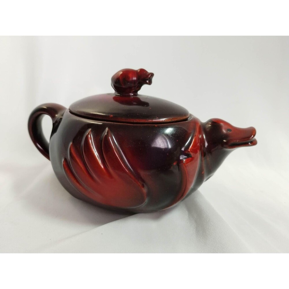 Vintage Redware Mother Duck and Baby Dish with Lid and Handle.